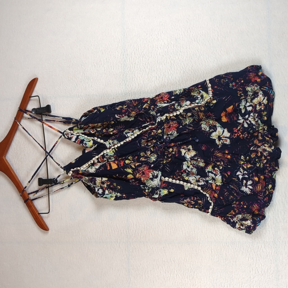 Xhilaration Navy Floral Pom Pom Strappy Pocket Romper S